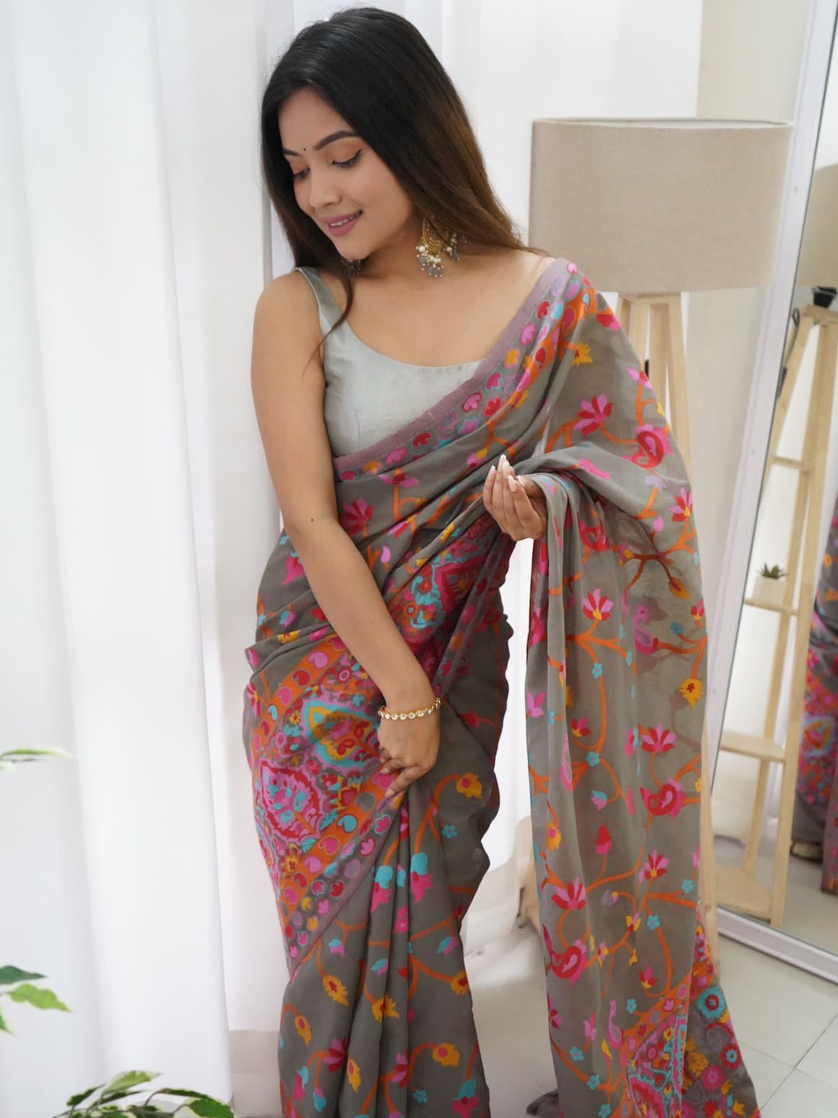 Sensational Grey Pashmina saree With Girlish Blouse Piece