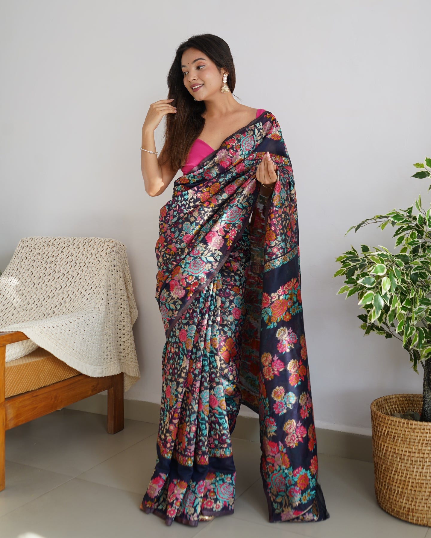 Pretty Navy Blue Pashmina saree With Amazing Blouse Piece