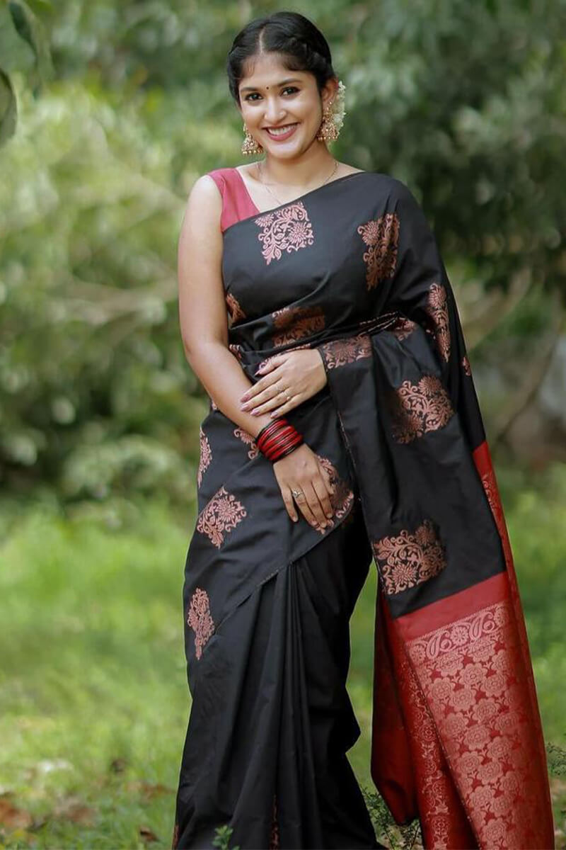 Adorable Black Soft Silk Saree With Gratifying Blouse Piece