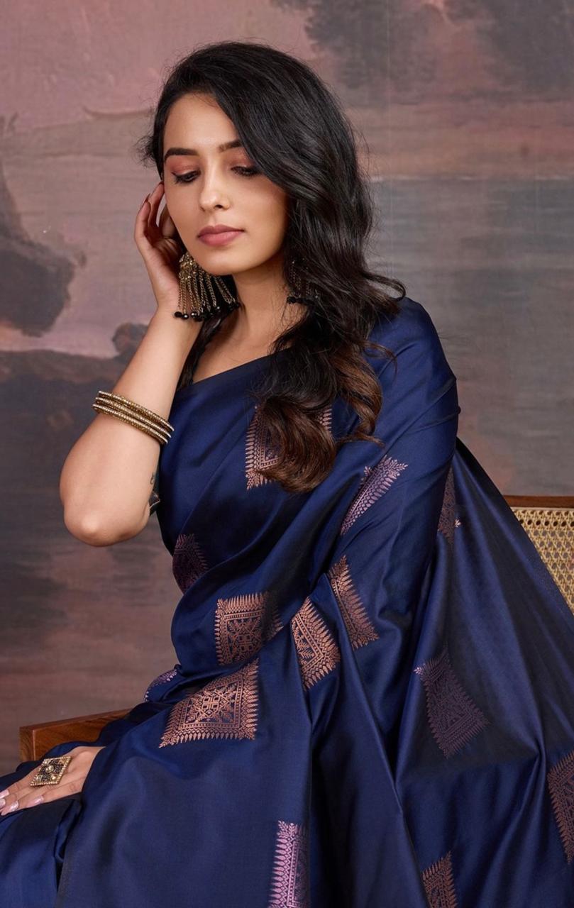 Precious Navy Blue Soft Silk Saree With Innovative Blouse Piece