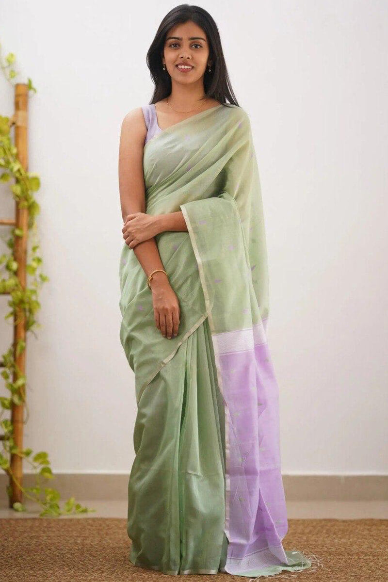 Magnetic Pista Cotton Silk Saree With Beleaguer Blouse Piece