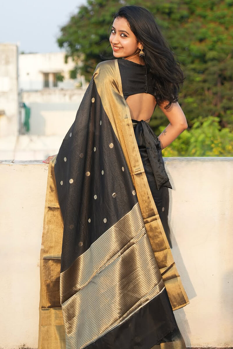 Sizzling Black Soft Silk Saree With Designer Blouse Piece