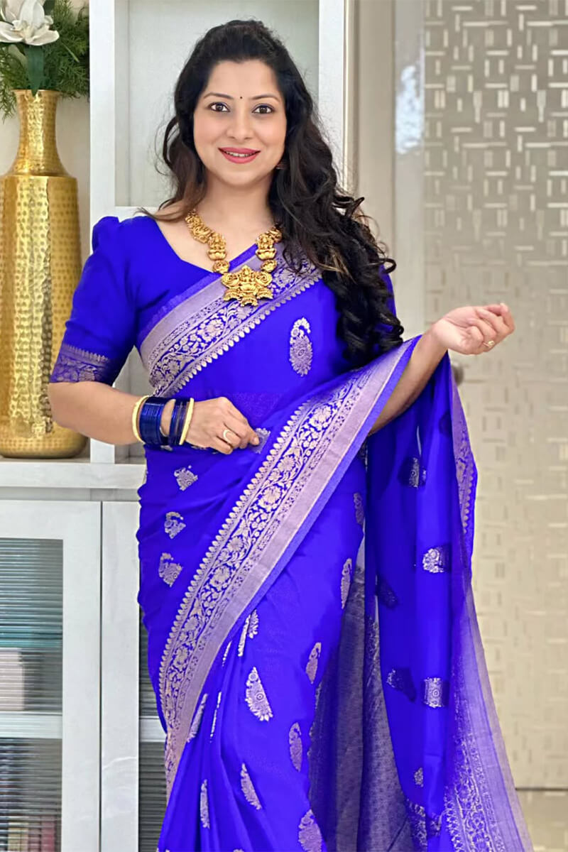 Women's Satin Silk Blue Embellished Designer Saree With Blouse Piece