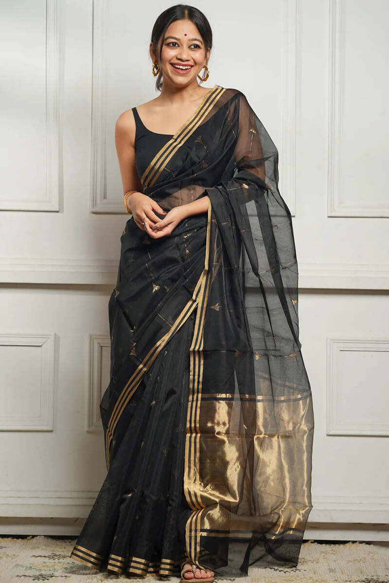 Imaginative Black Cotton Silk Saree With Desirable Blouse Piece
