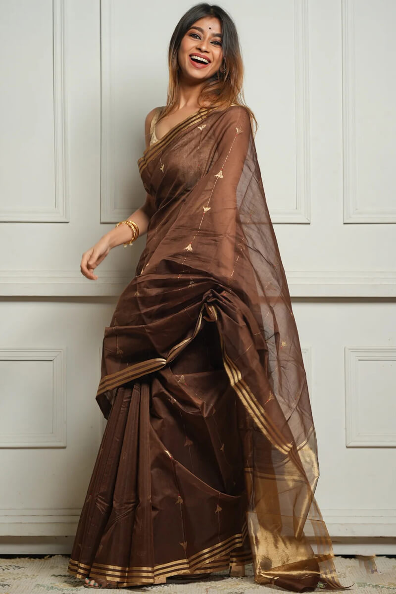 Embellished Brown Cotton Silk Saree With Felicitous Blouse Piece