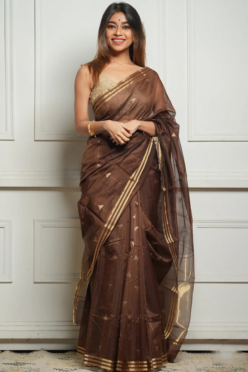 Embellished Brown Cotton Silk Saree With Felicitous Blouse Piece
