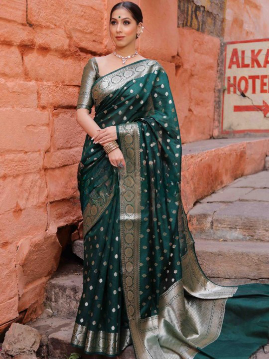 Prettiest Dark Green Banarasi Silk Saree With Assemblage Blouse