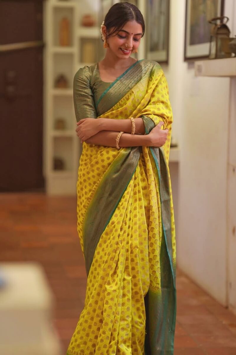 Ephemeral Yellow Soft Silk Saree With Ornate Blouse Piece