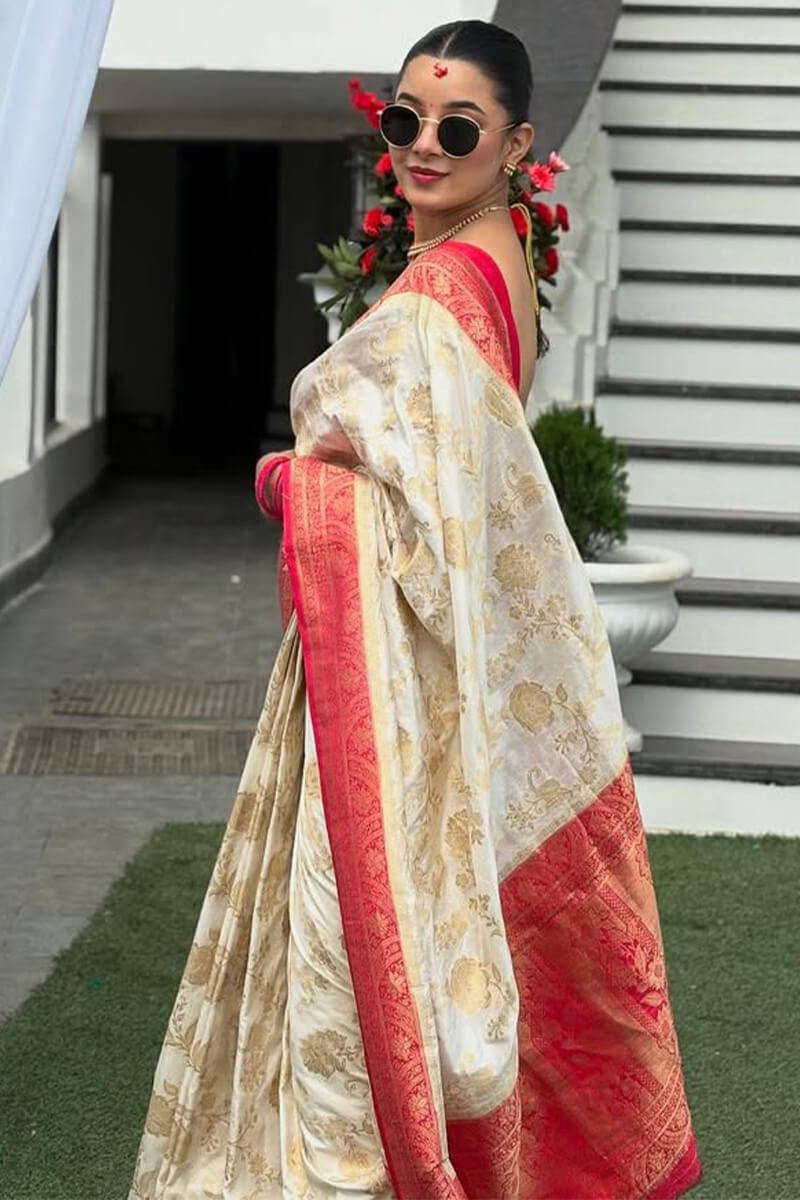 Elision Beige Soft Silk Saree With Elaborate Blouse Piece
