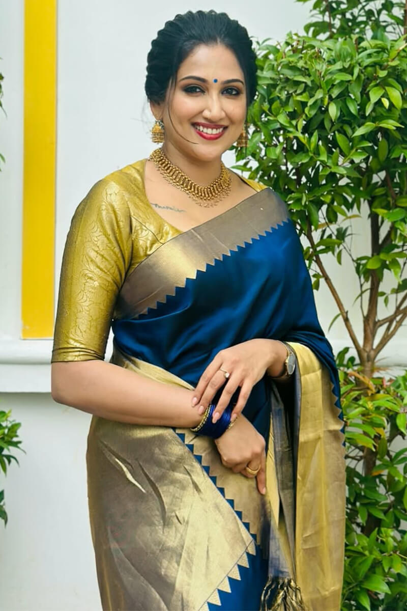 Rhapsody Navy Blue Soft Silk Saree With Fairytale Blouse Piece