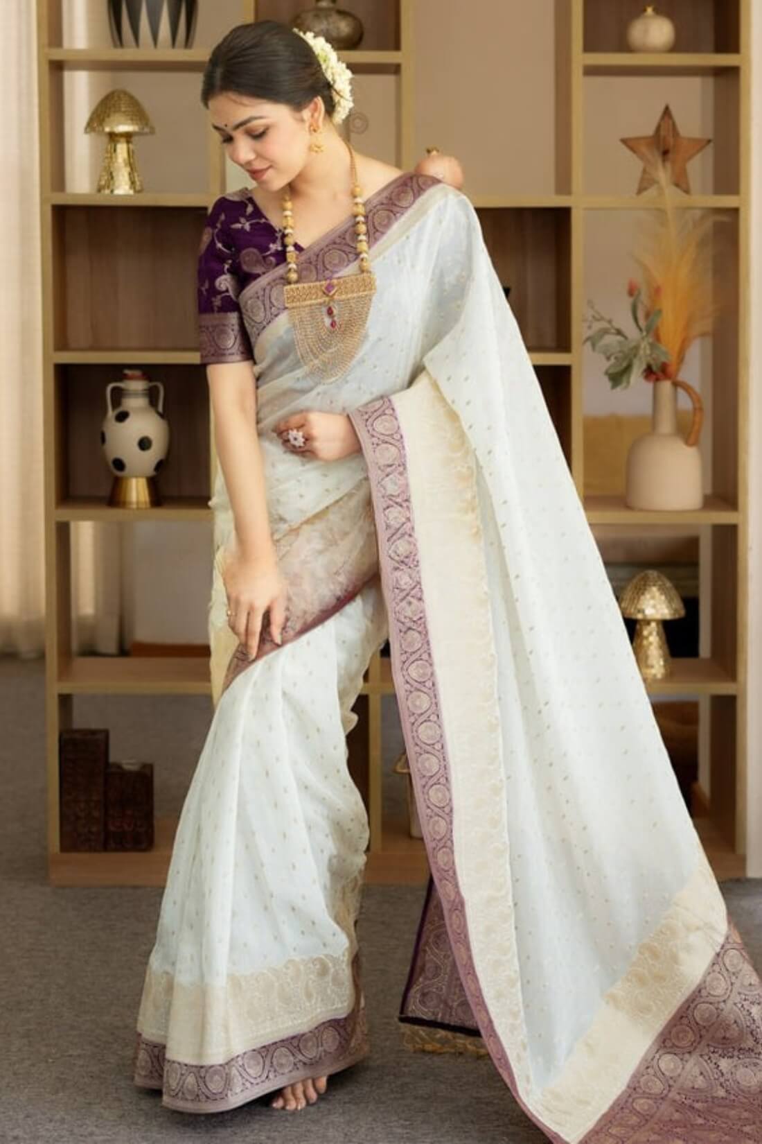 Girlish Beige Soft Silk Saree With Outstanding Blouse Piece