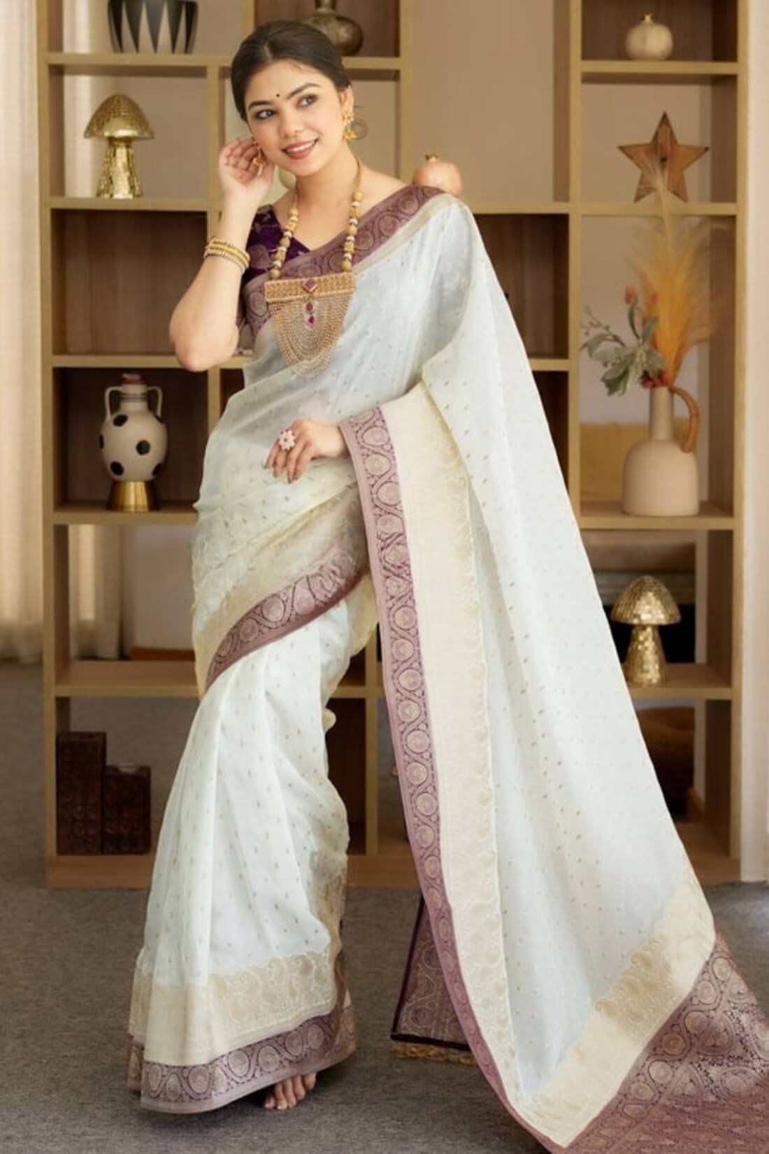 Girlish Beige Soft Silk Saree With Outstanding Blouse Piece