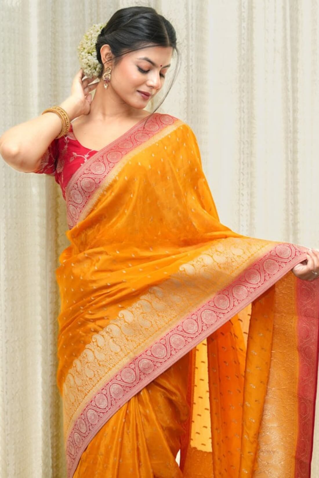 Lustrous Orange Soft Silk Saree With Elaborate Blouse Piece