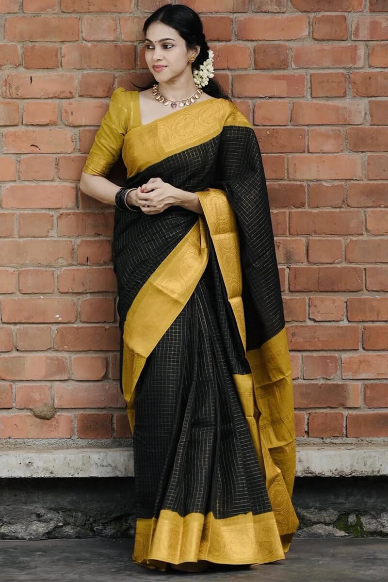 Comely Black Soft Silk Saree With Enigmatic Blouse Piece