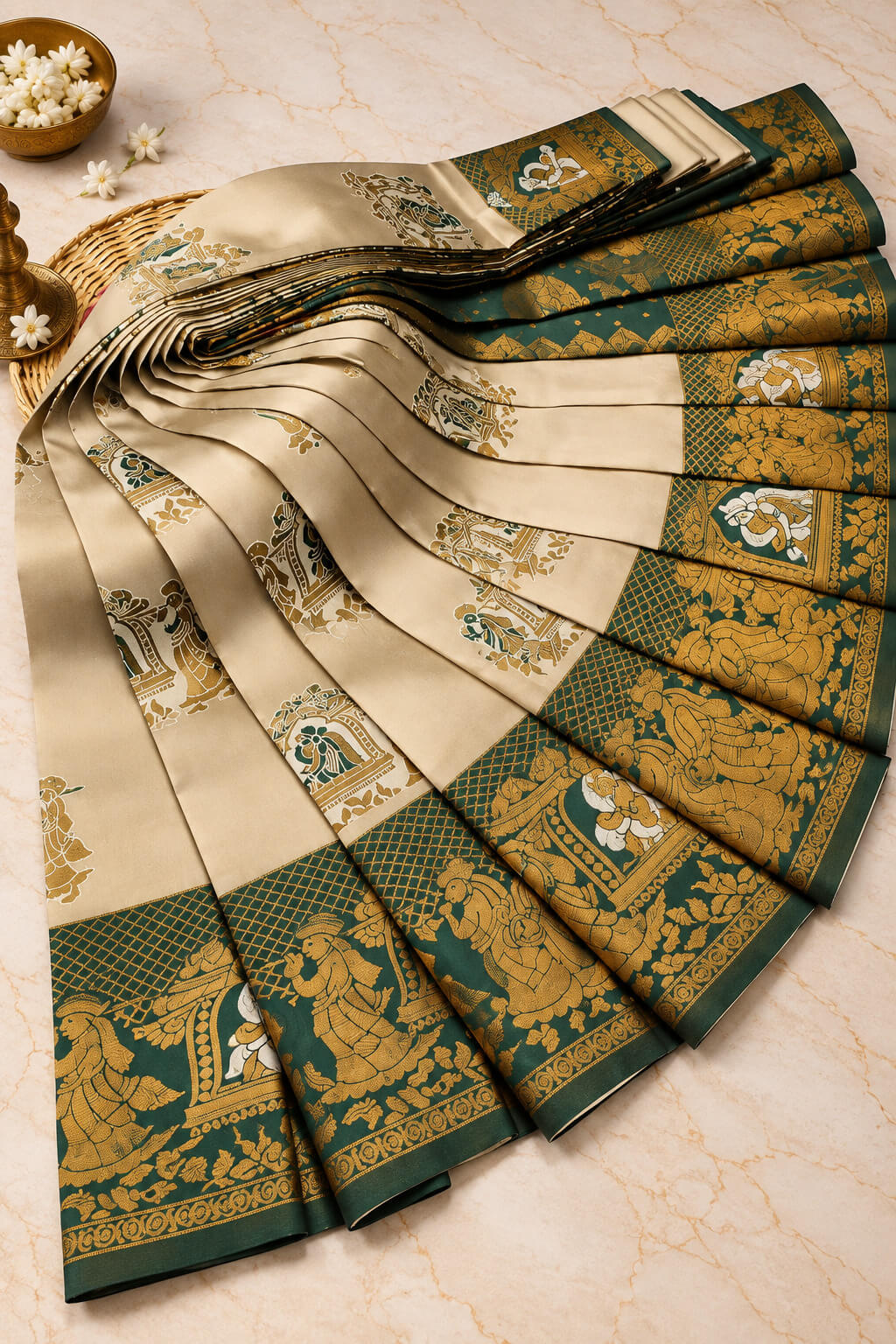 Sonorous Pista Pure Banarasi Silk Saree With Scrumptious Blouse Piece
