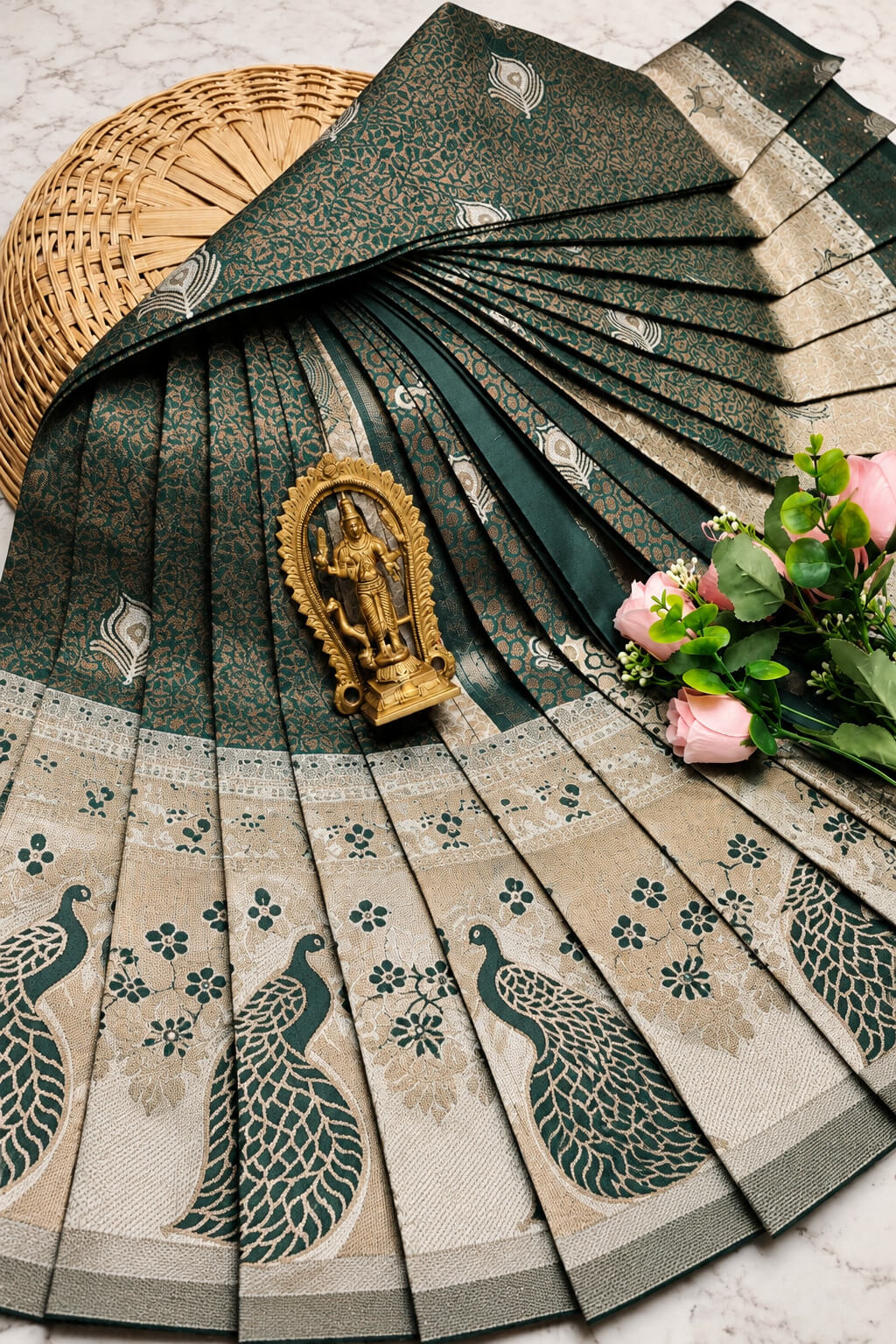 Stunner Dark Green Pure Banarasi Silk Saree With Palimpsest Blouse Piece
