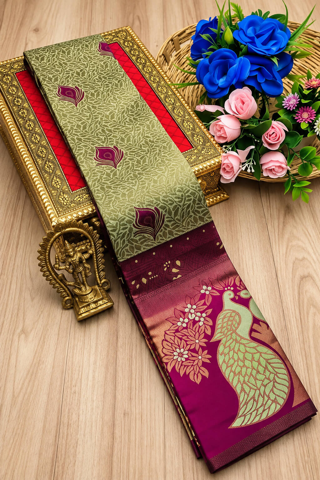 Embrocation Pista Pure Banarasi Silk Saree With Scrupulous Blouse Piece