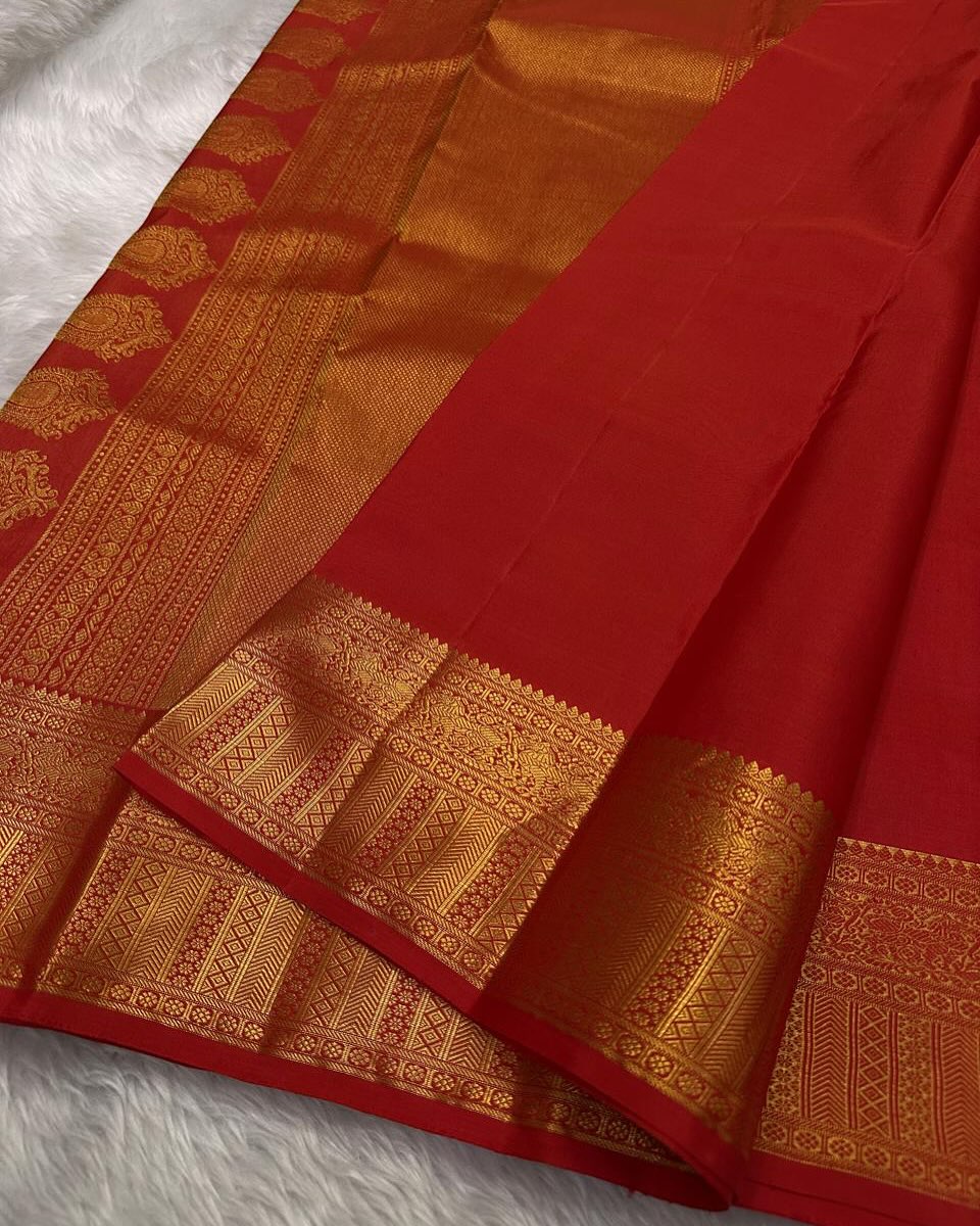 Enamoring Red Soft Banarasi Silk Saree With Magnetic Blouse Piece
