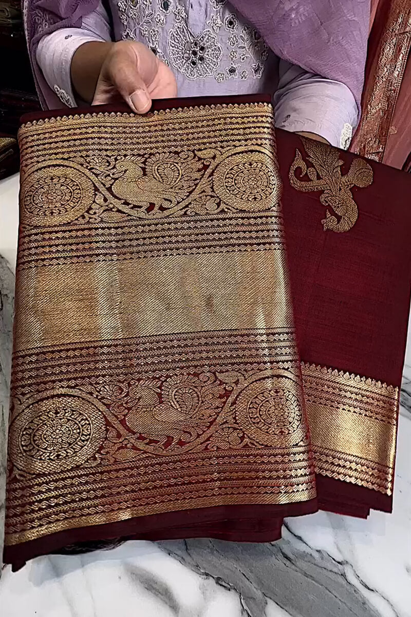 Enthralling Wine Soft Banarasi Silk Saree With Petrichor Blouse Piece