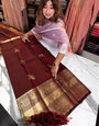 Enthralling Wine Soft Banarasi Silk Saree With Petrichor Blouse Piece
