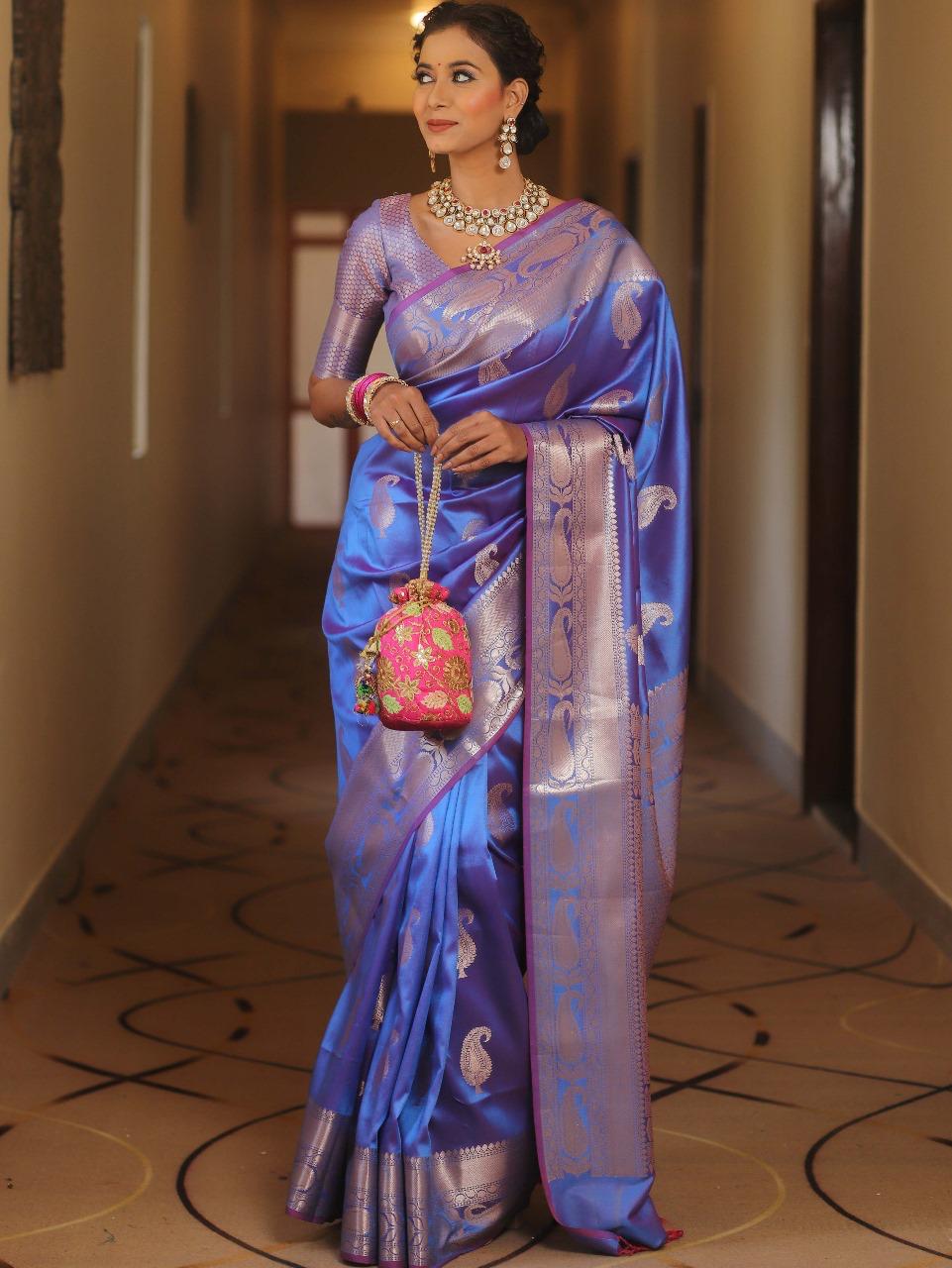 Groovy Blue Soft Banarasi Silk Saree With Artistic Blouse Piece
