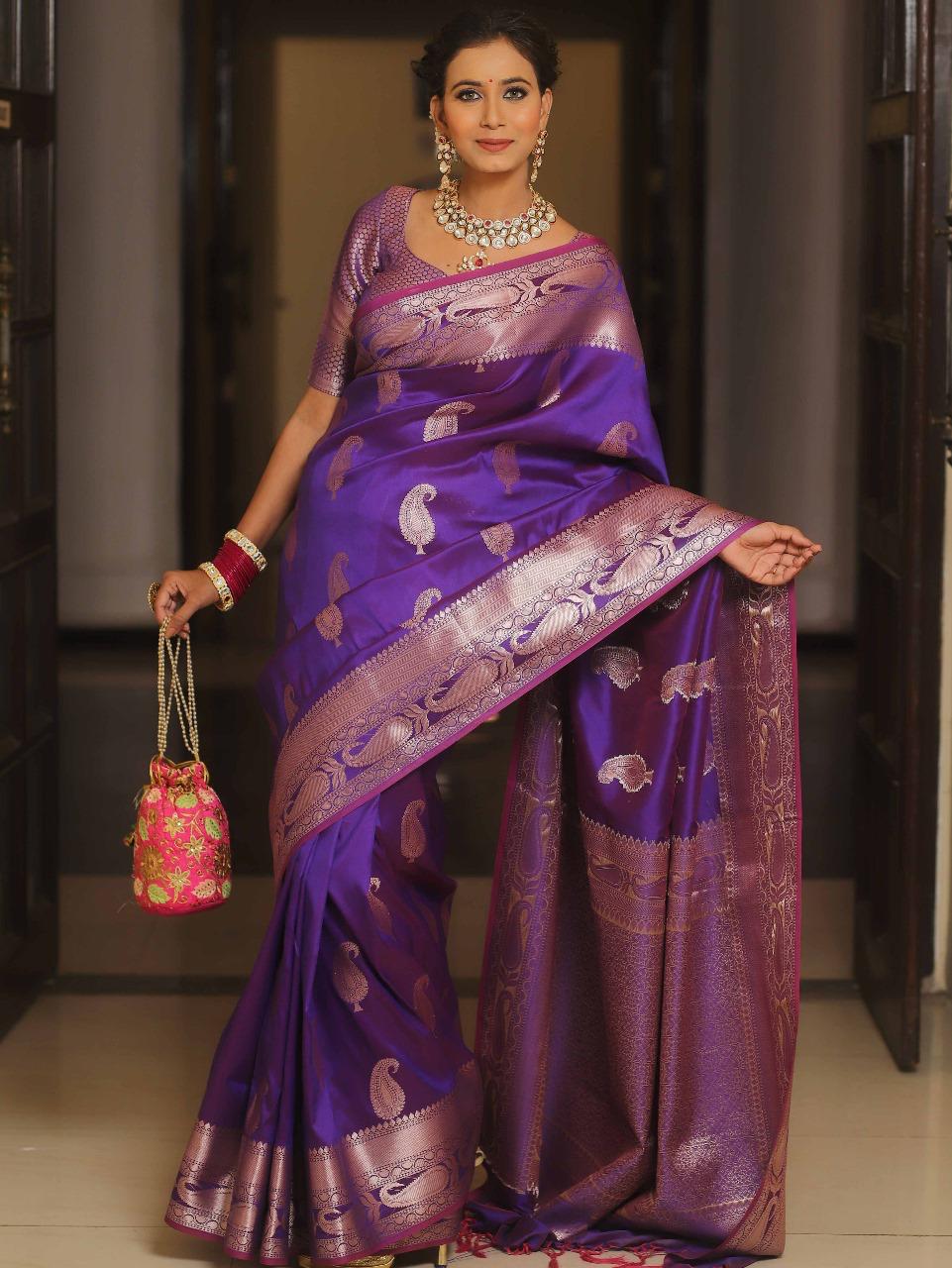 Prettiest Purple Soft Banarasi Silk Saree With Ailurophile Blouse Piece