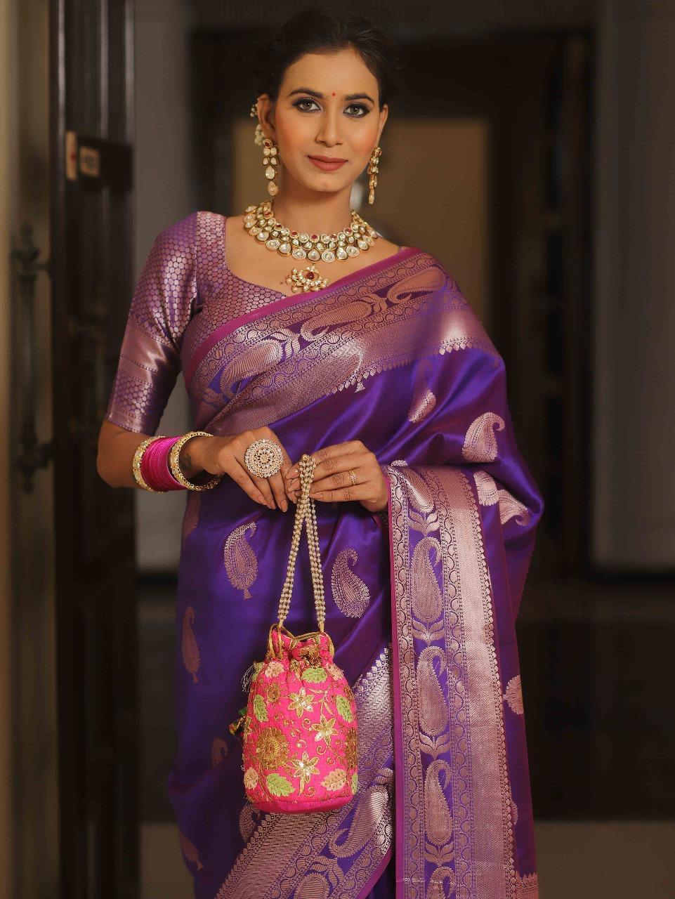 Prettiest Purple Soft Banarasi Silk Saree With Ailurophile Blouse Piece