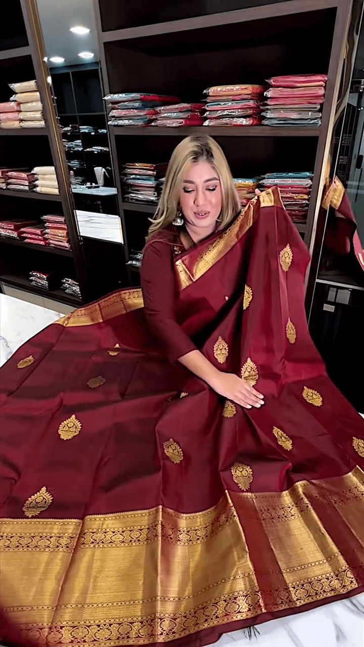 Eclat Maroon Soft Banarasi Silk Saree With Flameboyant Blouse Piece