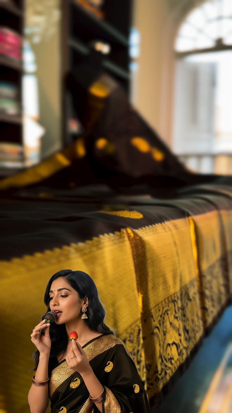Lassitude Black Soft Banarasi Silk Saree With Glowing Blouse Piece