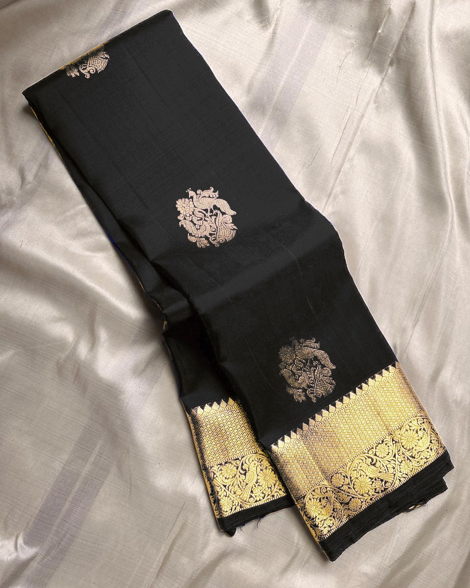 Tremendous Black Soft Banarasi Silk Saree With Pleasurable Blouse Piece