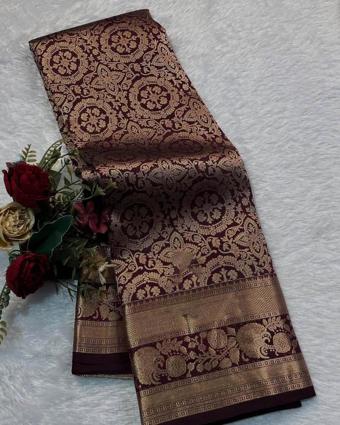 Blooming Wine Soft Banarasi Silk Saree With Blooming Blouse Piece