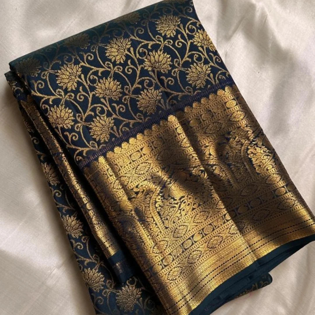 Divine Black Soft Banarasi Silk Saree With Delightful Blouse Piece