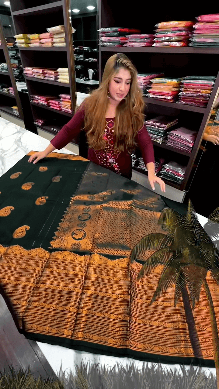 Desuetude Dark Green Soft Banarasi Silk Saree With Gorgeous Blouse Piece