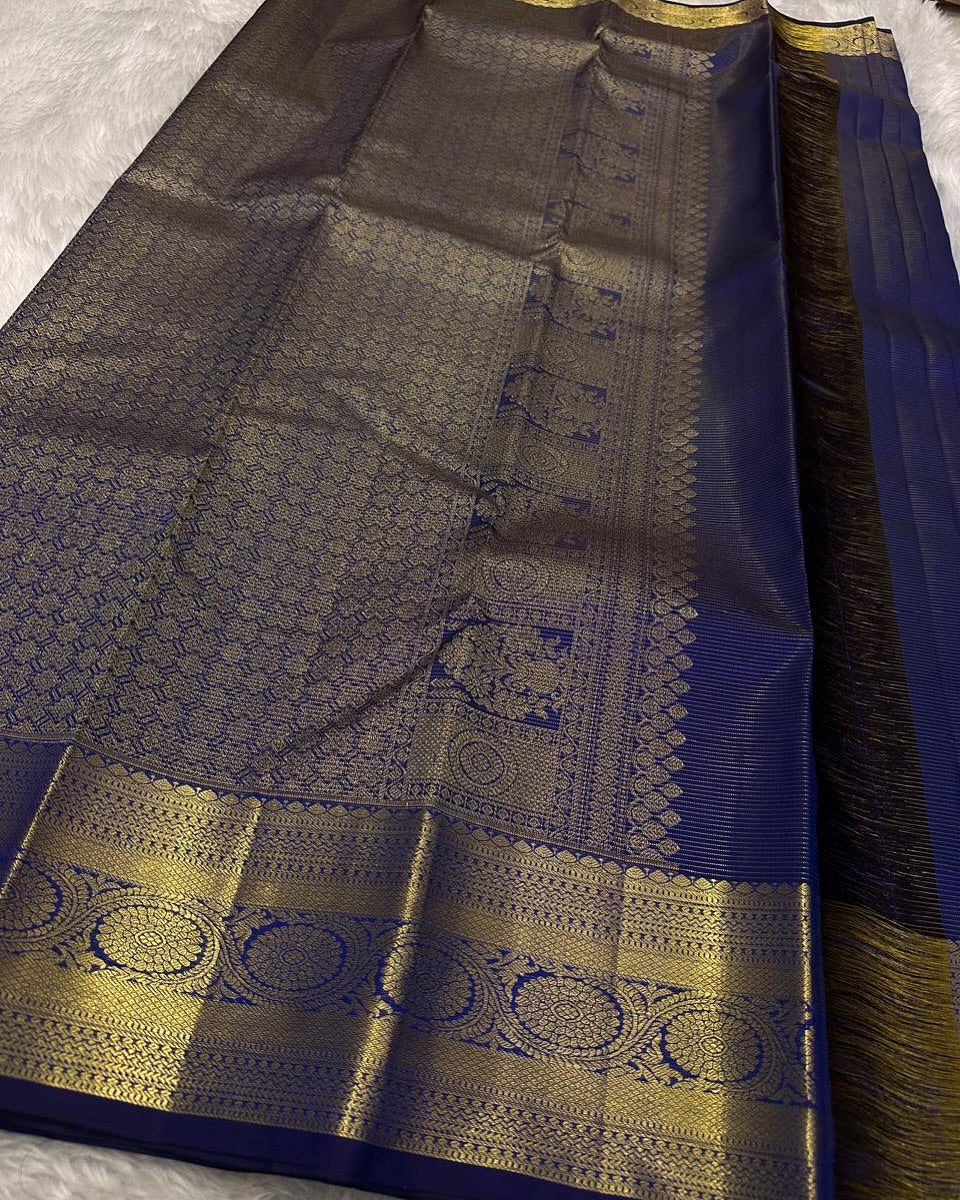 Zephyr Navy Blue Soft Banarasi Silk Saree With Forbearance Blouse Piece