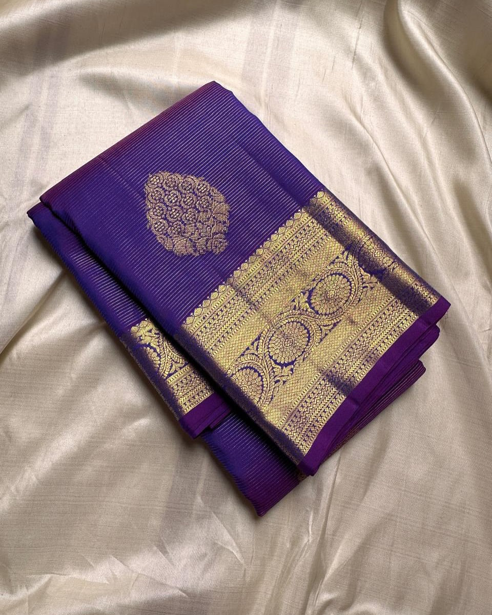 Ornate Purple Soft Banarasi Silk Saree With Ethereal Blouse Piece