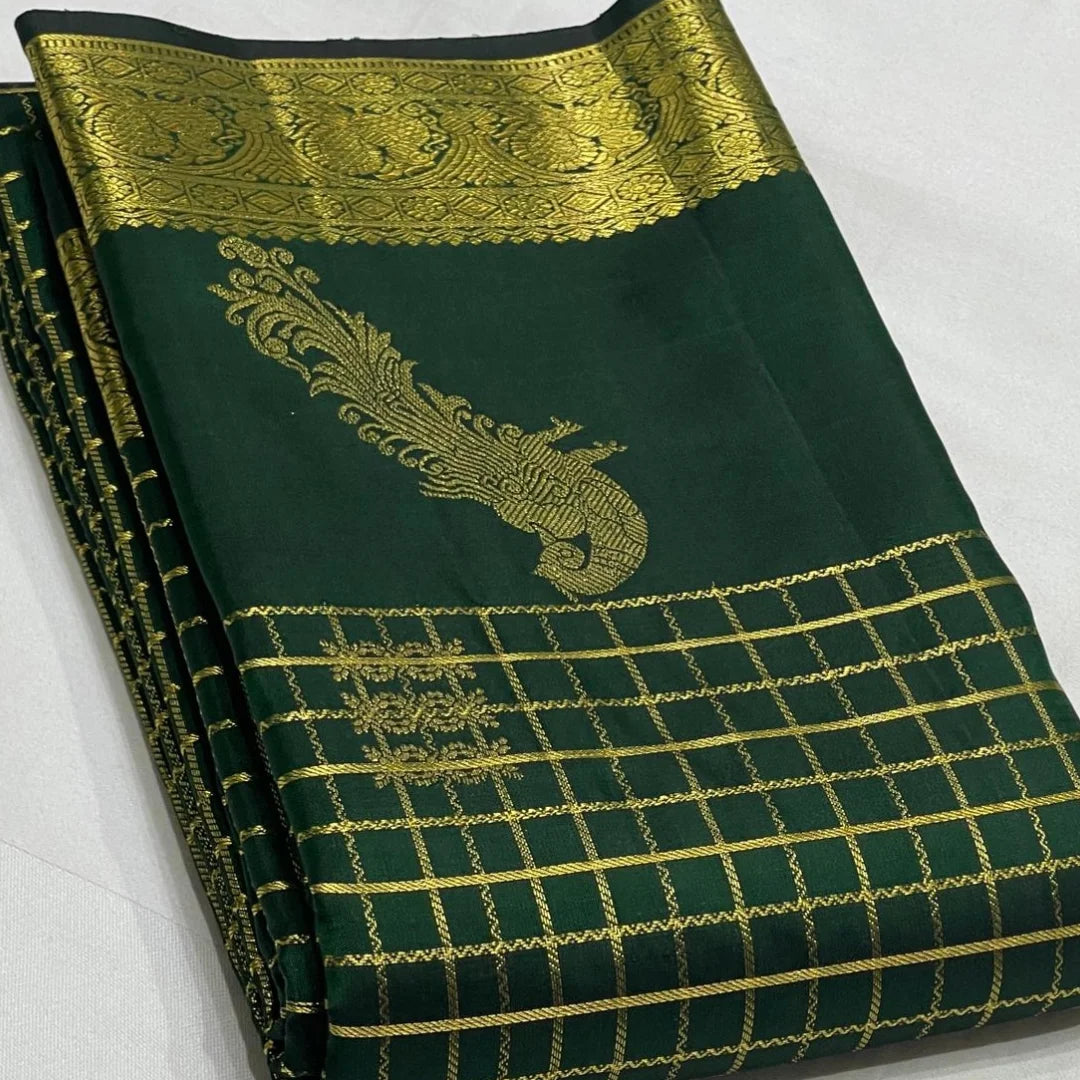 Traditional Dark Green Pure Zari Weaving Banarasi Silk Saree With Demure Blouse Piece