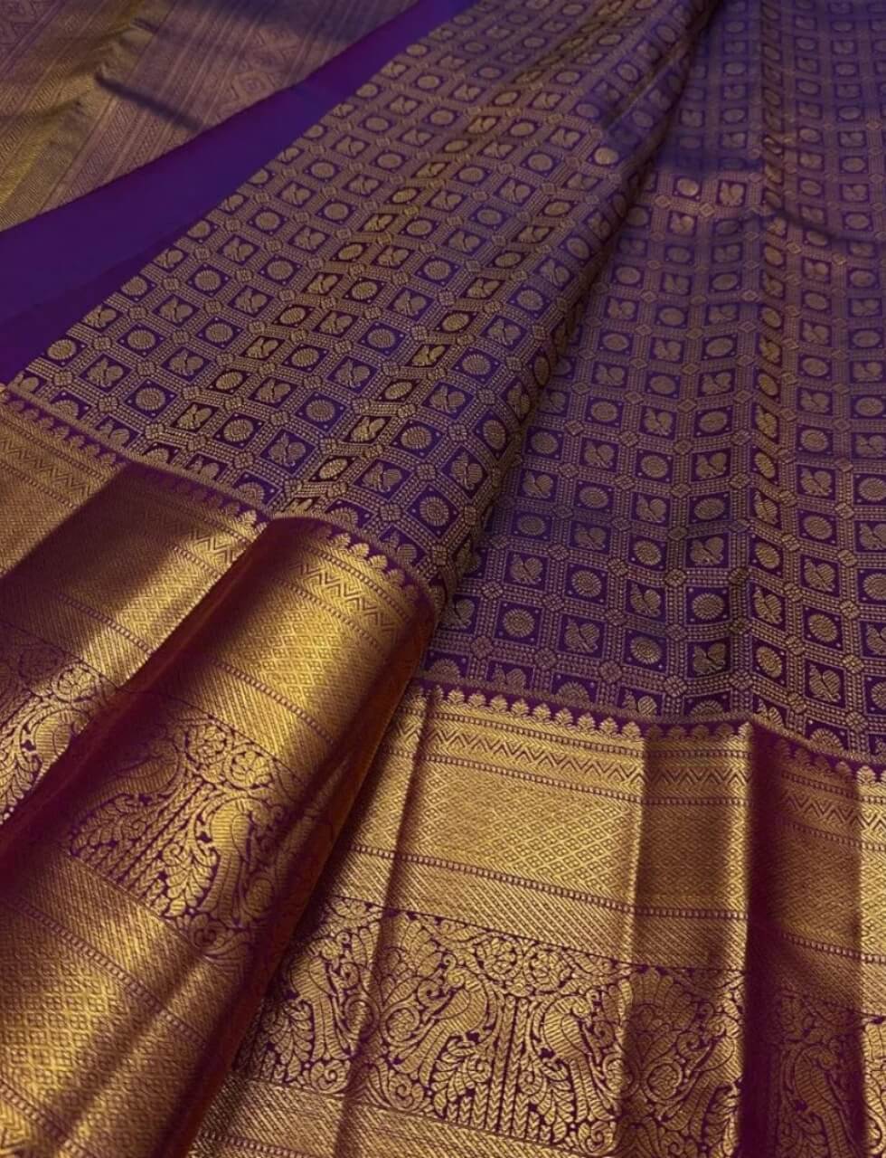Demesne Purple Pure Zari Weaving Banarasi Silk Saree With Zephyr Blouse Piece