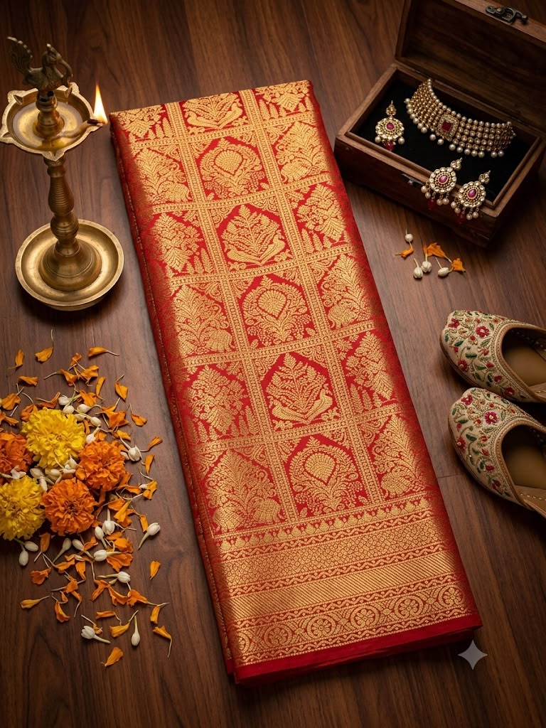 Grandiose Red Pure Banarasi Silk Saree With Phenomenal Blouse Piece