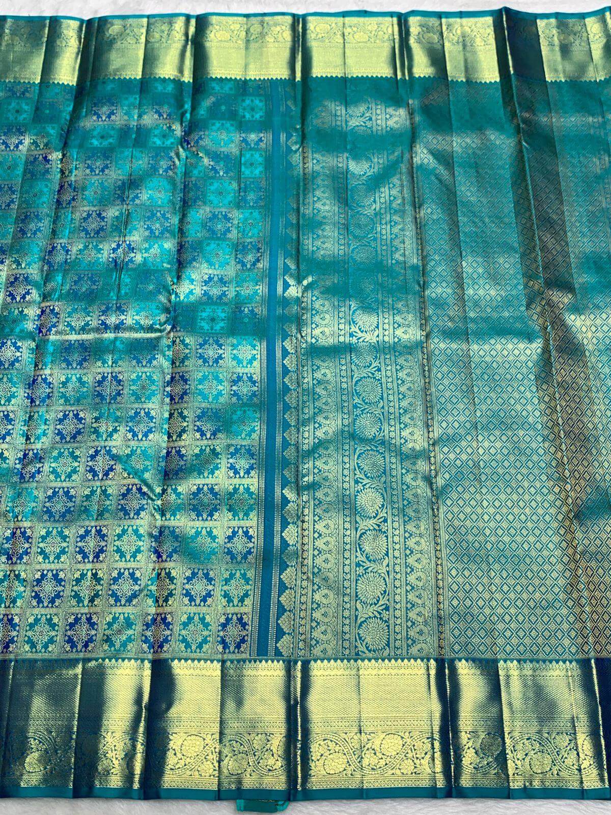 Gossamer Firozi Pure Banarasi Silk Saree With Girlish Blouse Piece