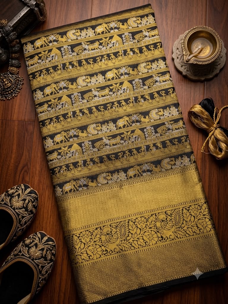 Exemplary Black Pure Banarasi Silk Saree With Enigmatic Blouse Piece