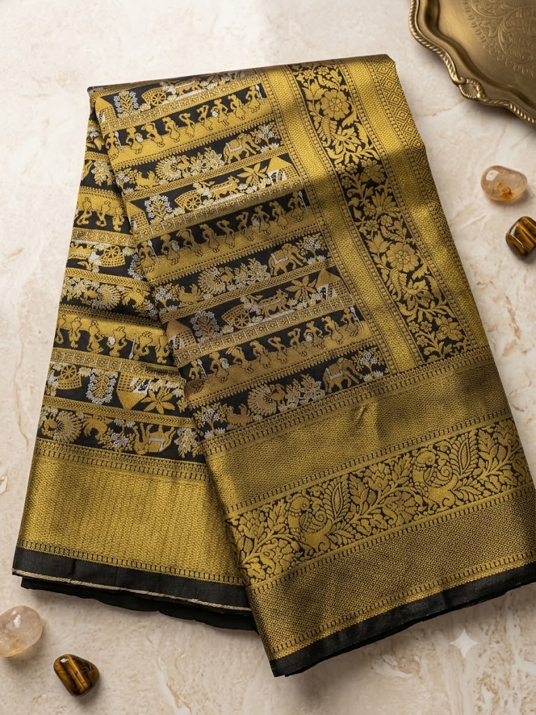Exemplary Black Pure Banarasi Silk Saree With Enigmatic Blouse Piece