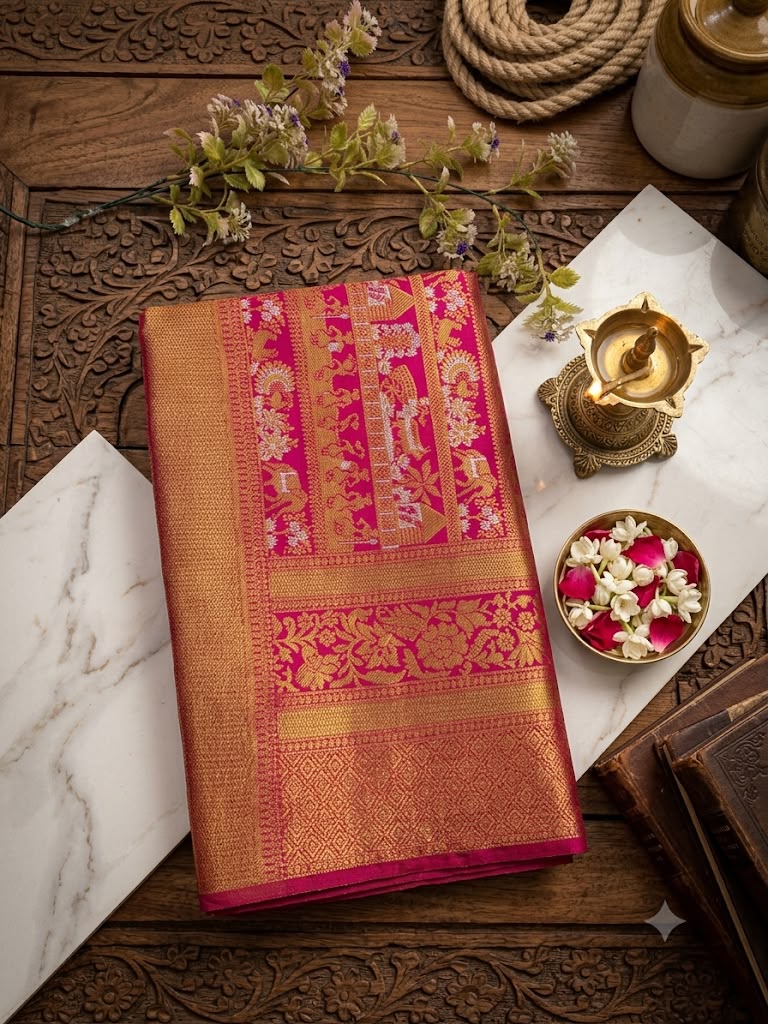 Susurrous Dark Pink Pure Banarasi Silk Saree With Verdant Blouse Piece