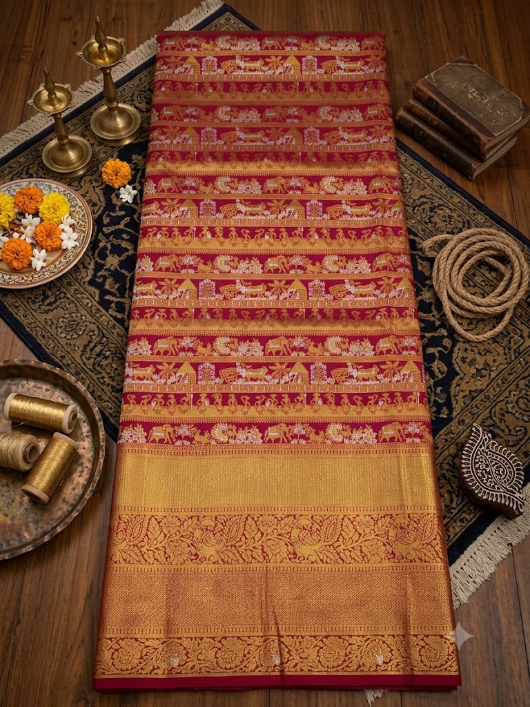 Susurrous Dark Pink Pure Banarasi Silk Saree With Verdant Blouse Piece