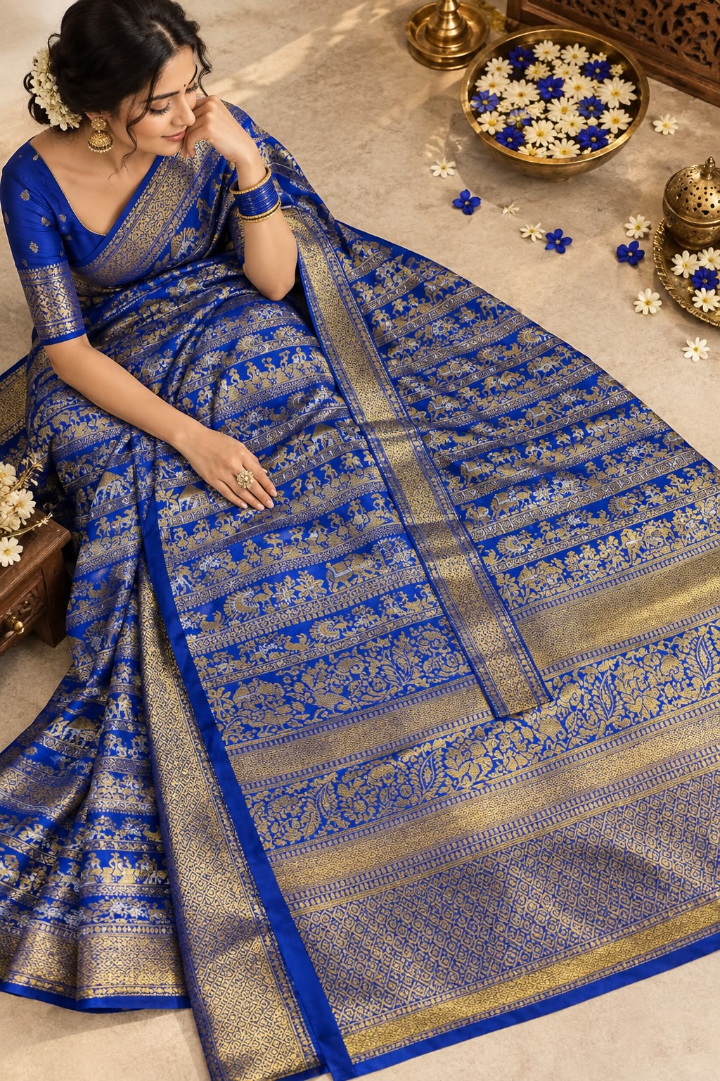 Winsome Royal Blue Pure Banarasi Silk Saree With Enticing Blouse Piece