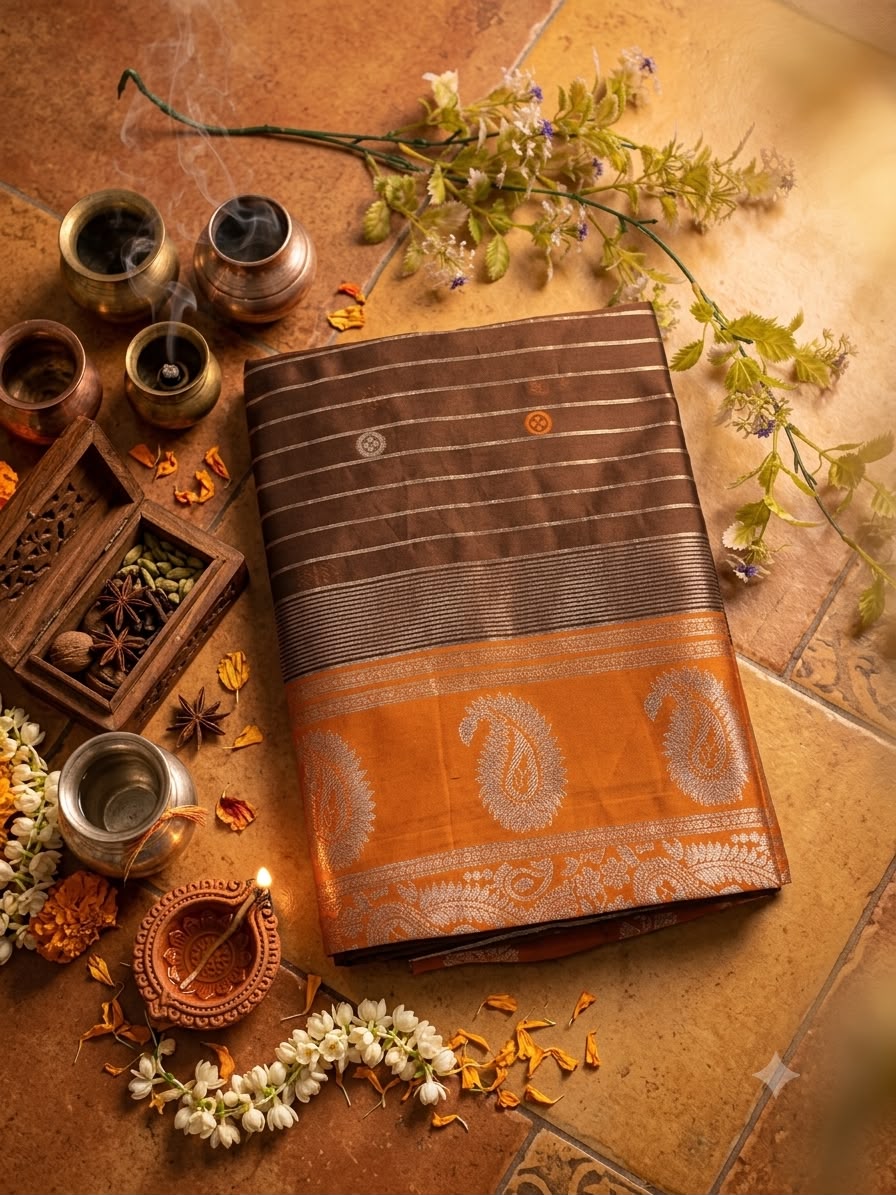 Dazzling Brown Pure Banarasi Silk Saree With Panoply Blouse Piece