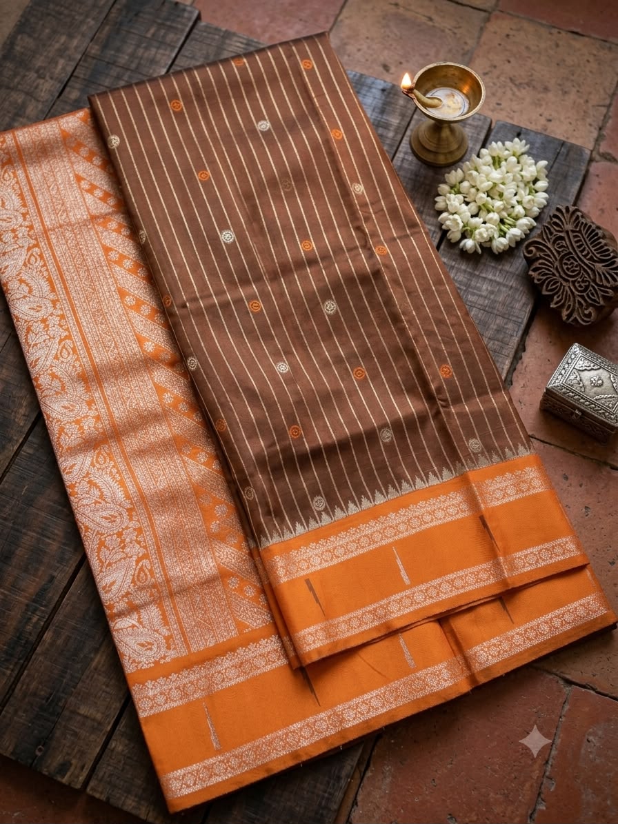 Dazzling Brown Pure Banarasi Silk Saree With Panoply Blouse Piece