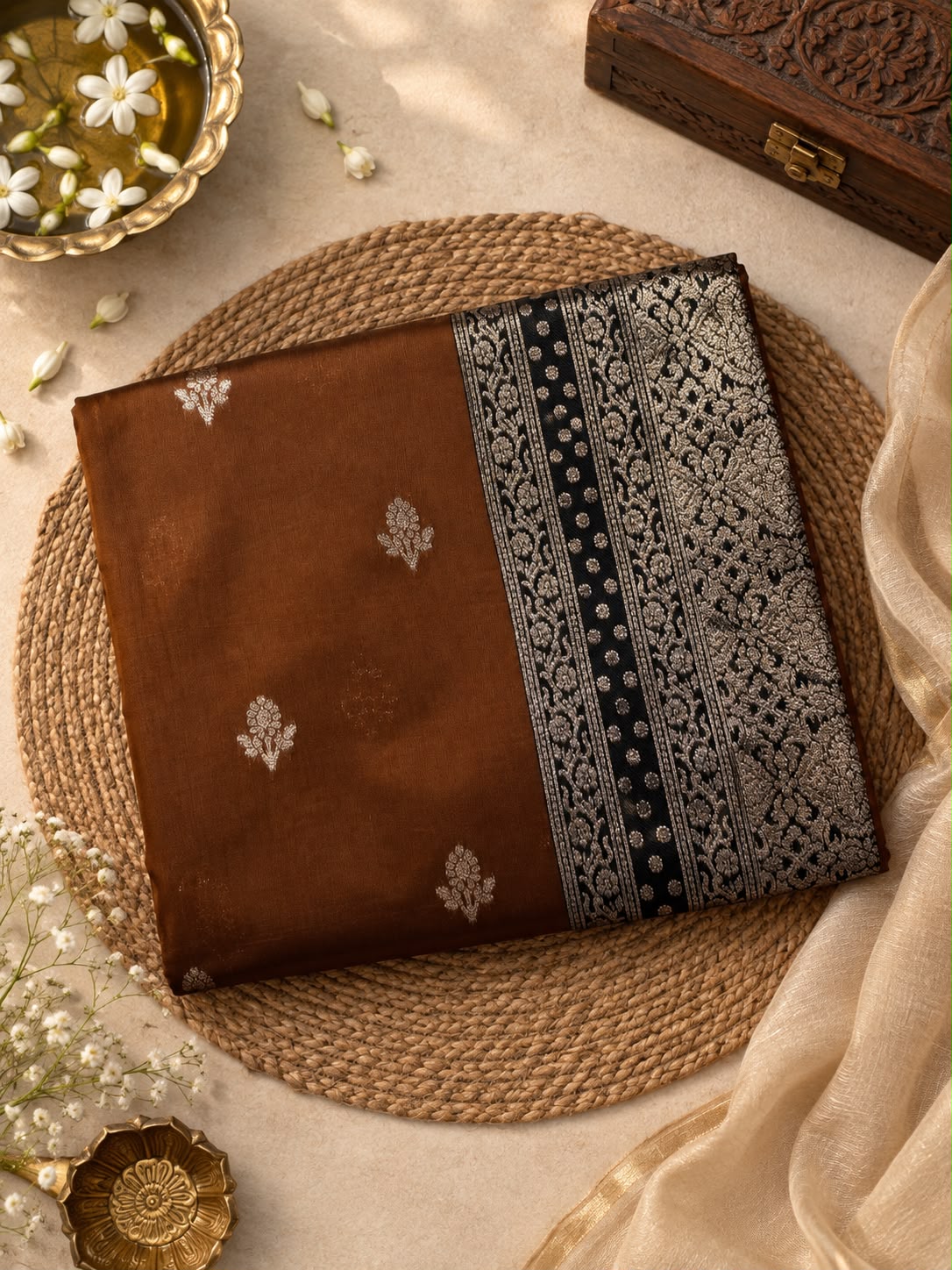 Dalliance Brown Pure Banarasi Silk Saree With Pleasurable Blouse Piece