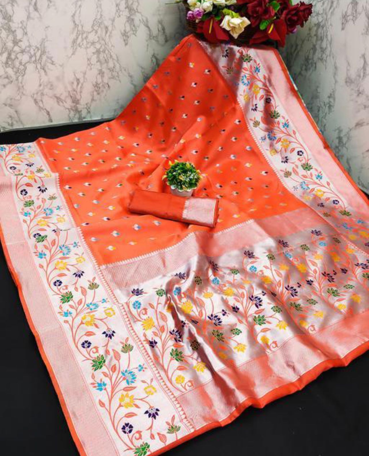 Beautiful Orange Paithani Silk Saree With Engrossing Blouse Piece