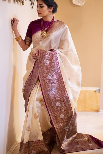 Demanding Beige Soft Banarasi Silk Saree With Adorable Blouse Piece