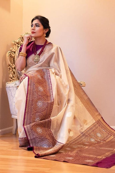 Demanding Beige Soft Banarasi Silk Saree With Adorable Blouse Piece